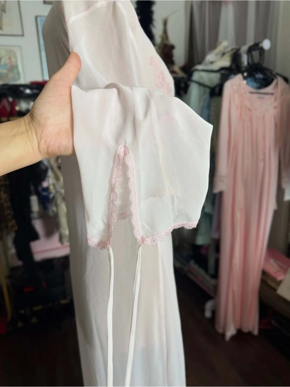 Elegant Lace-Trim Long Robe - Light Pink